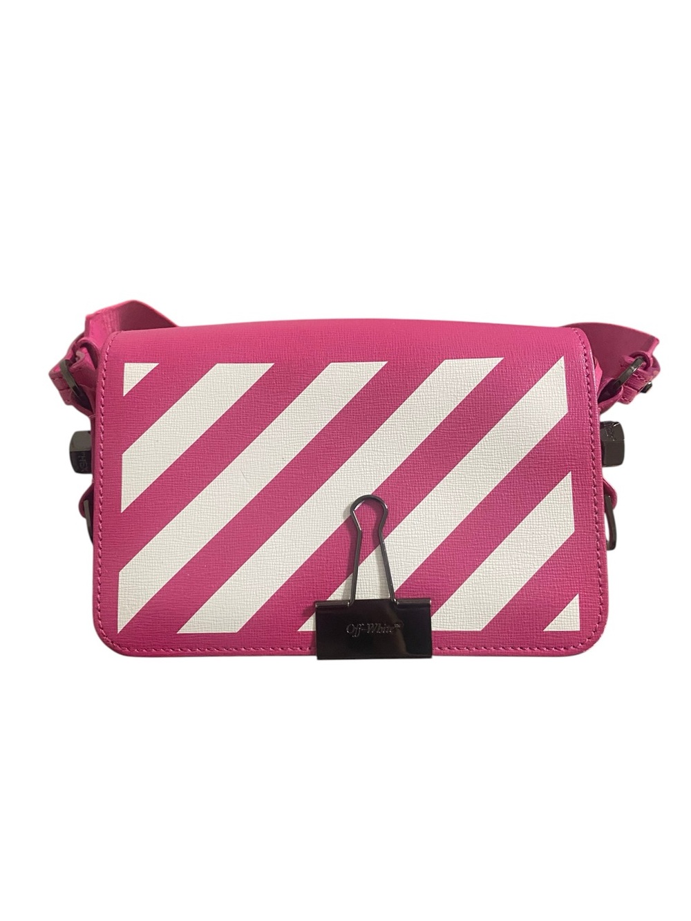 Off-White Pink and White Diagonal Stripe Binder-Clip Crossbody